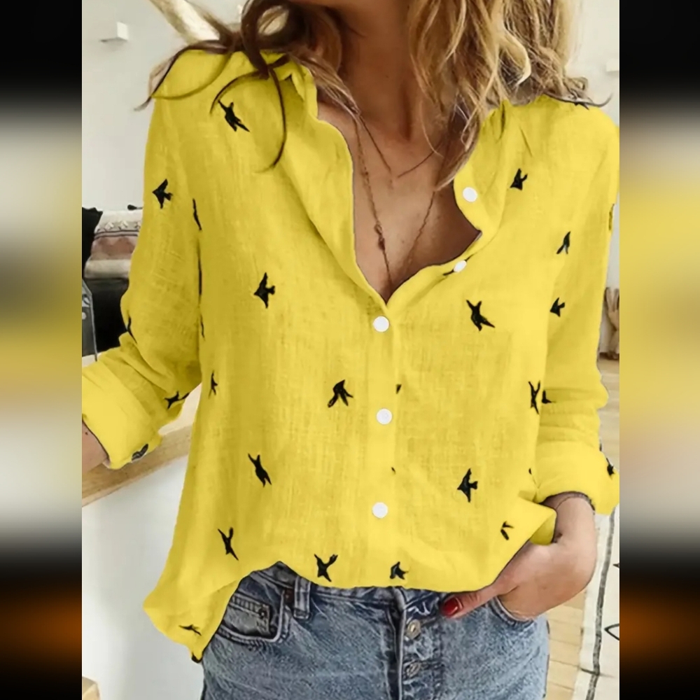 Yellow Button Down Shirt with Bird Print